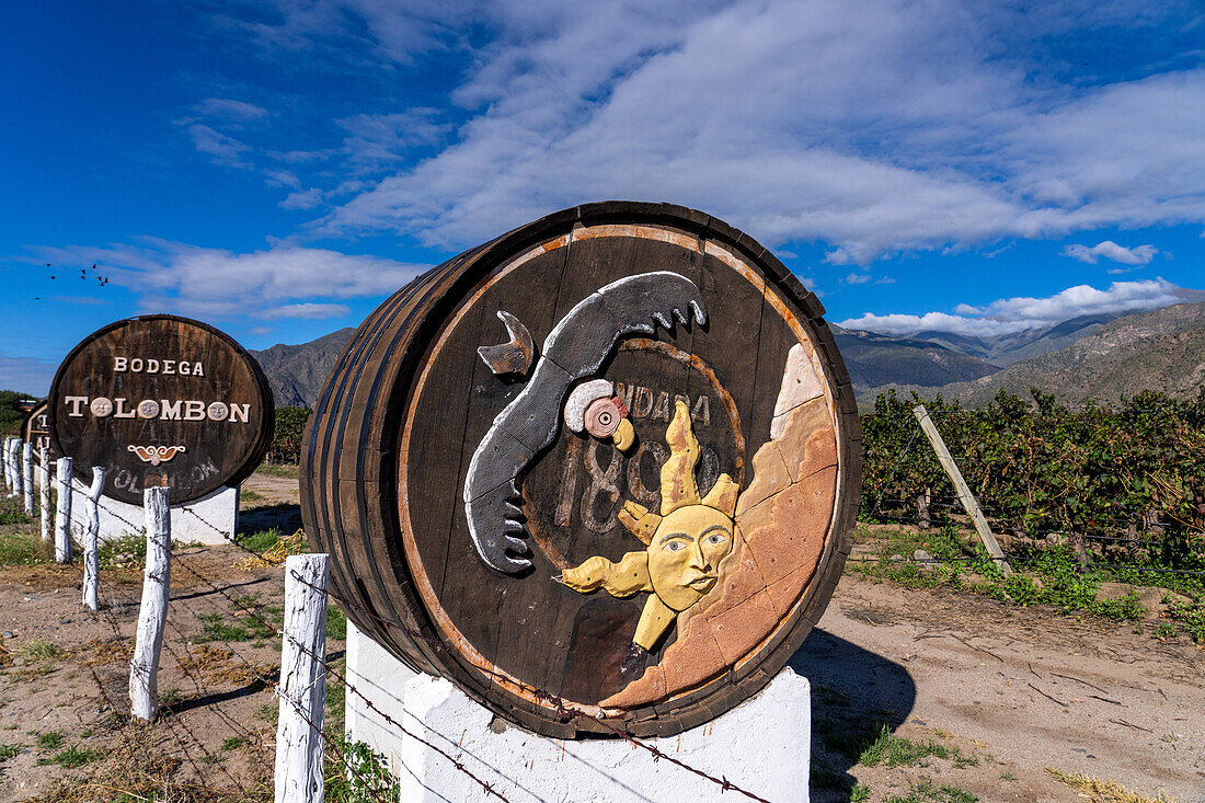 Dekorierte Weinfässer auf dem Weingut Bodega Tolombon in Cafayate, Argentinien