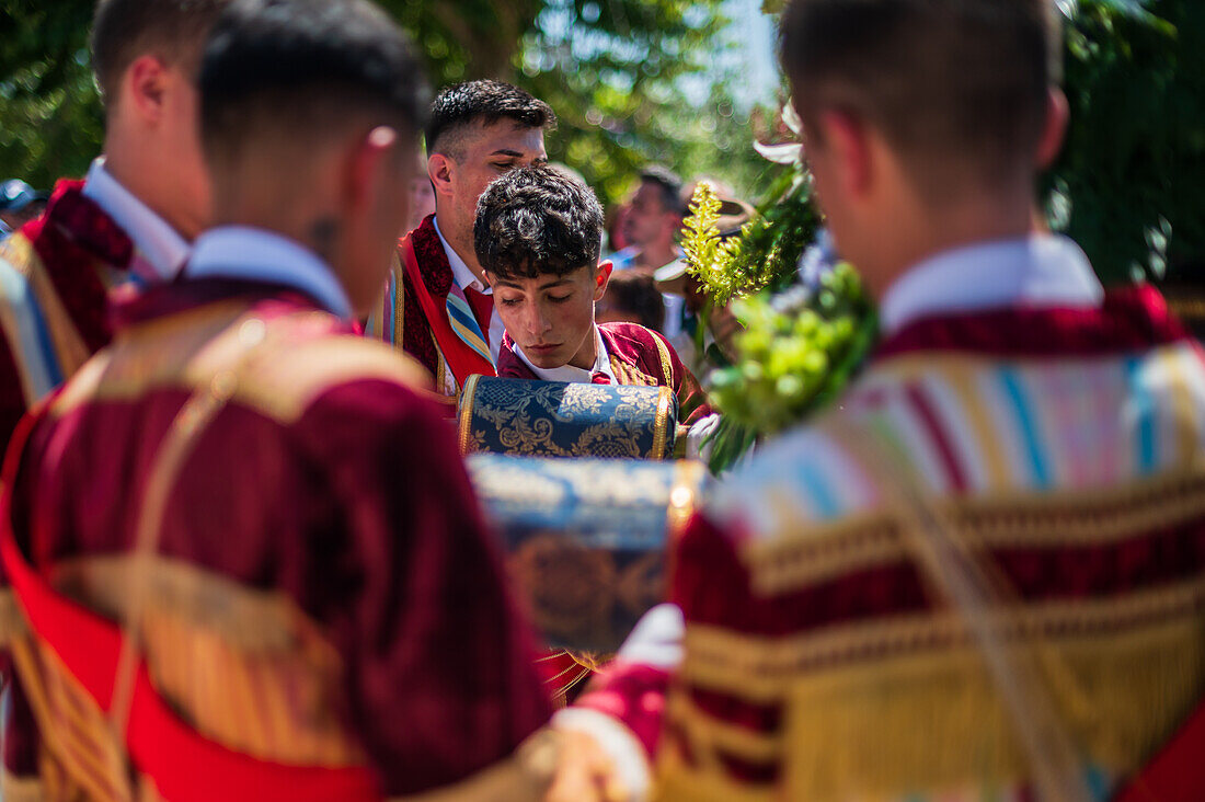 Religious procession finishing at São João Baptista Church during the Festival of Saint John of Sobrado, also known as Bugiada and Mouriscada de Sobrado, takes place in the form of a fight between Moors and Christians , locally known as Mourisqueiros and Bugios, Sao Joao de Sobrado, Portugal