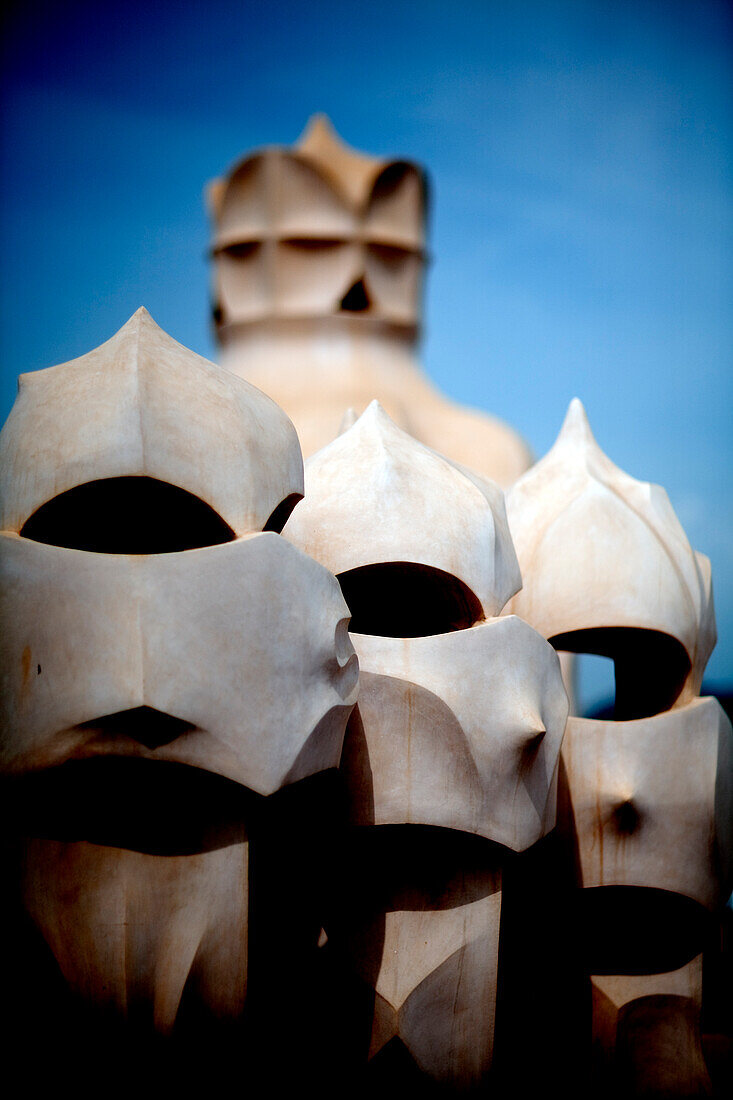 Barcelona, Spain, Sept 4 2008, The unique chimneys atop Casa Milà showcase Gaudís iconic architectural style in Barcelonas vibrant Passeig de Gràcia.