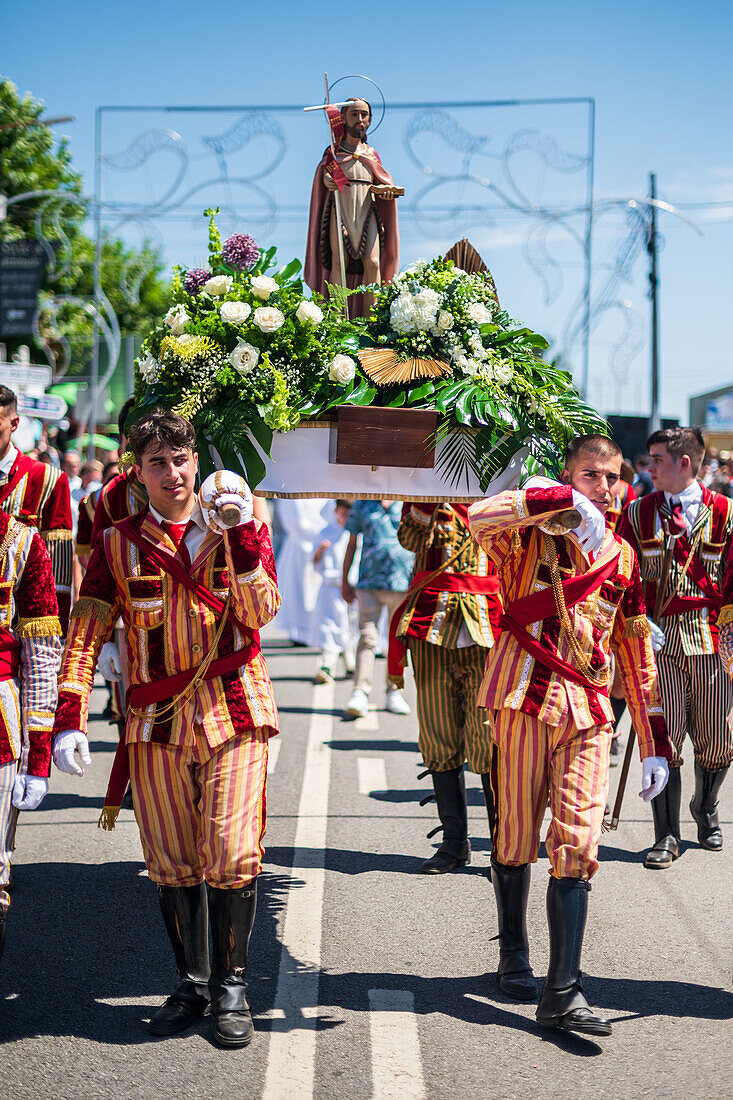 Religious procession finishing at São João Baptista Church during the Festival of Saint John of Sobrado, also known as Bugiada and Mouriscada de Sobrado, takes place in the form of a fight between Moors and Christians , locally known as Mourisqueiros and Bugios, Sao Joao de Sobrado, Portugal