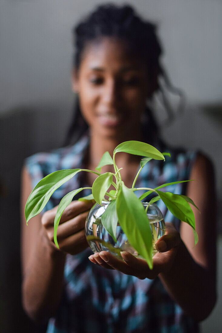 Young afro latin woman gardening and holding an hydroponic plant