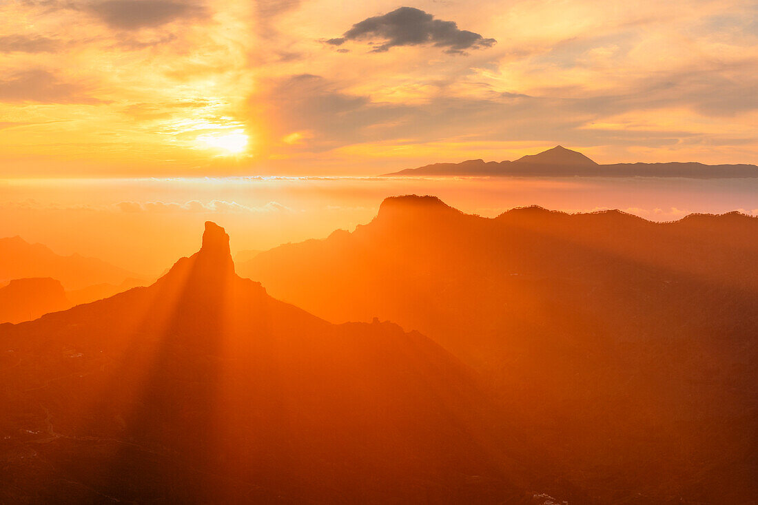 View over Roque Bentayga to Teide on Tenerife, Gran Canaria, Canary Islands, Spain, Atlantic, Europe