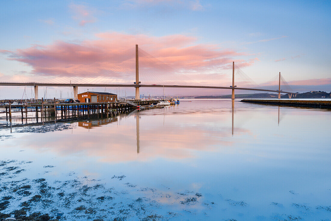 The Queensferry Crossing at sunrise, view from the FA?rth of Forth at South Queensferry, near Edinburgh, Scotland, United Kingdom, Europe