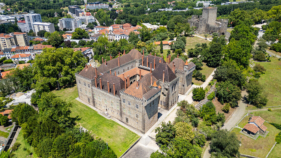 Aerial of Palace Duques de Braganca, UNESCO World Heritage Site, Guimaraes, Norte, Portugal, Europe