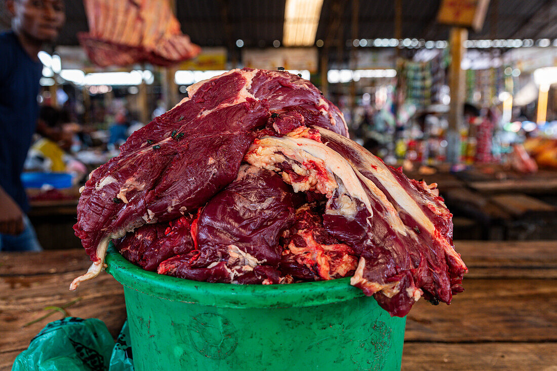 Fleisch zum Verkauf, Zentraler Markt, Goma, Demokratische Republik Kongo, Afrika