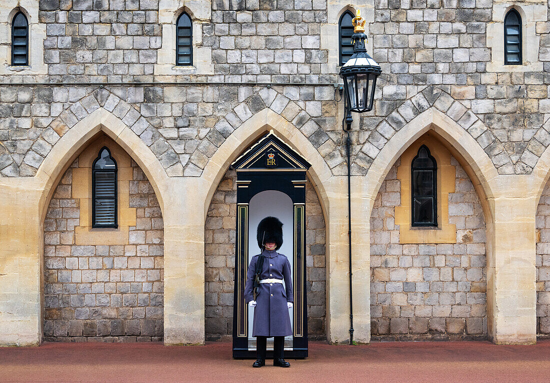 Eine Wache der walisischen Garde auf Schloss Windsor, Windsor, Berkshire, England, Vereinigtes Königreich, Europa