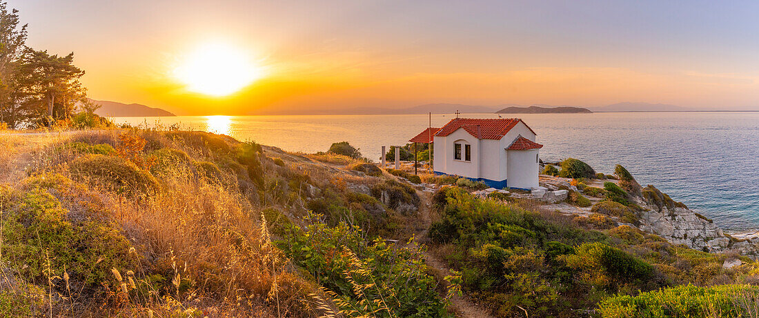 View of Church of the Holy Apostles in Thassos Town at sunset, Thassos, Aegean Sea, Greek Islands, Greece, Europe