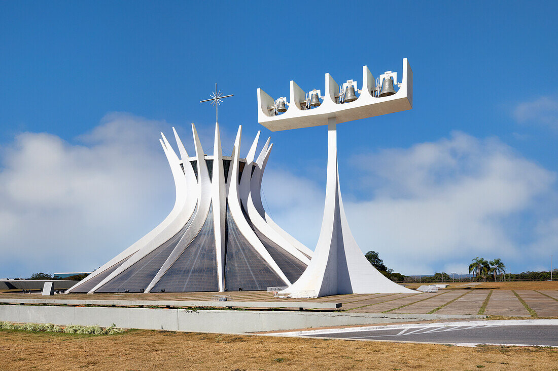 Roman Cathedral of Brasilia (Metropolitan Cathedral) and Bell Tower, designed by Oscar Niemeyer, Brasilia, UNESCO World Heritage Site, Brasilia, Federal district, Brazil, South America