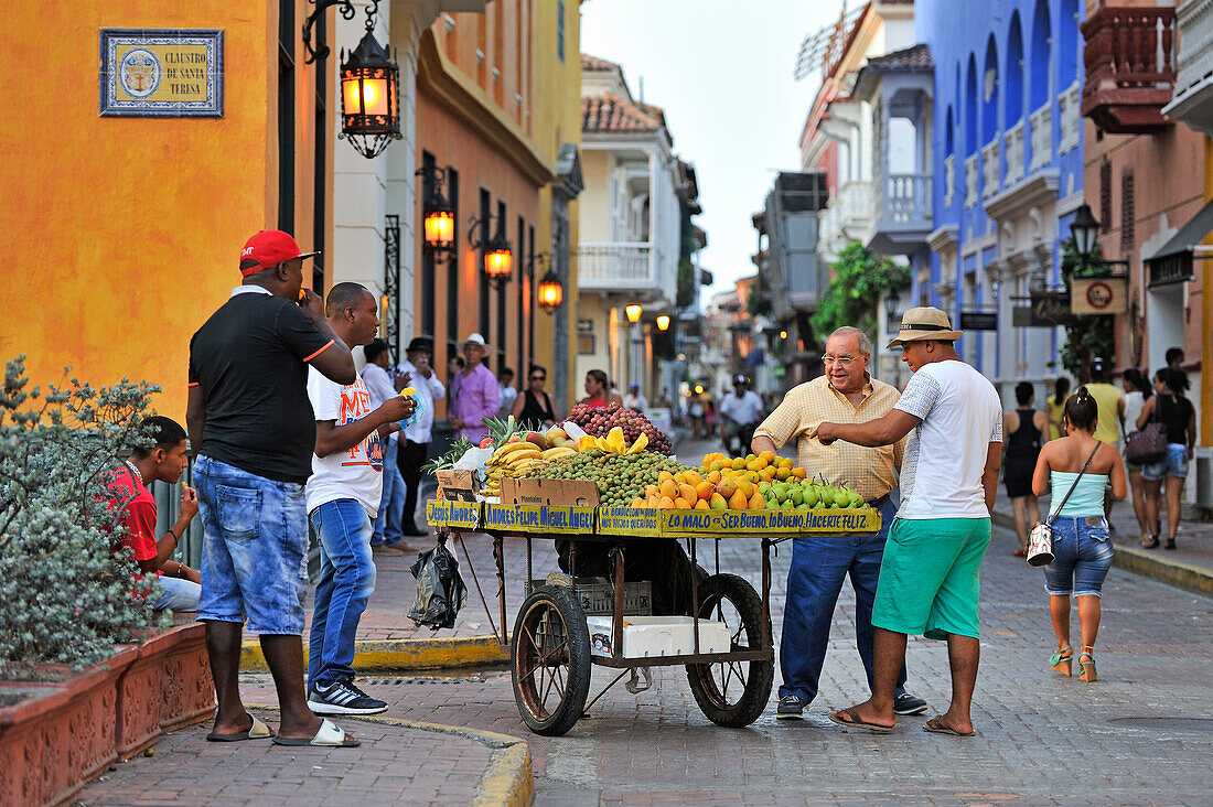 Street vendor of fruits inside the downtown colonial walled city, Cartagena, Colombia, South America