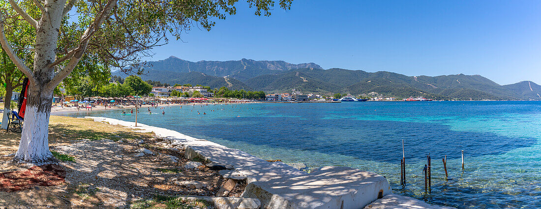 View of beach and sea in Thassos Town, Thassos, Aegean Sea, Greek Islands, Greece, Europe