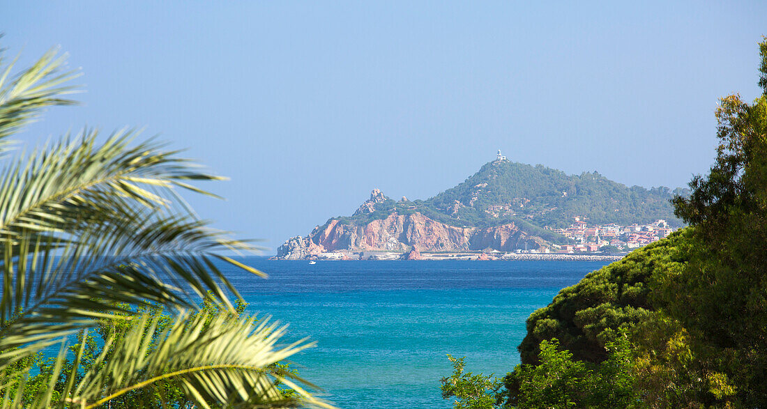 Panoramic view across turquoise sea to Arbatax and Capo Bellavista, Santa Maria Navarrese, Baunei, Nuoro, Sardinia, Italy, Mediterranean, Europe