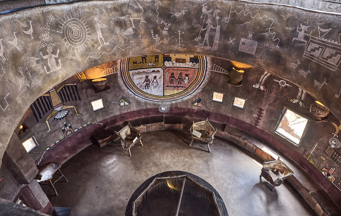 Downward view from the second floor in historic Desert View Watchtower at Grand Canyon South Rim, artwork created by Fred Kobotie in 1933, now owned by the National Park Service, UNESCO World Heritage Site, Arizona, United States of America, North America