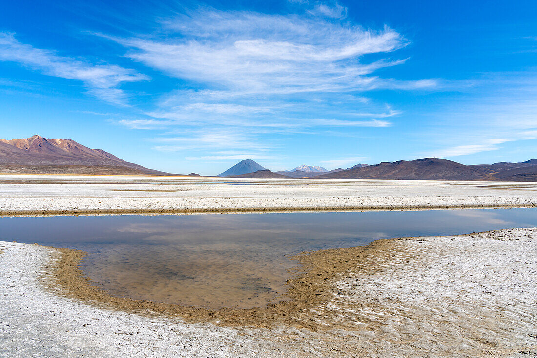 Reflection pool on salt flats and distant views of El Misti and Chachani volcanoes, Salinas y Aguada Blanca National Reserve, Arequipa Province, Arequipa Region, Peru, South America