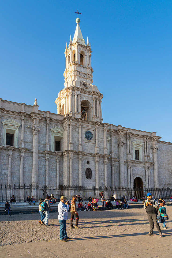 People in front of Basilica Cathedral of Arequipa, UNESCO, Arequipa, Arequipa Province, Arequipa Region, Peru, South America