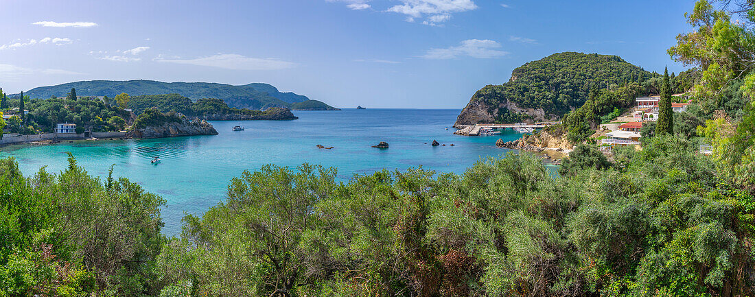 View of coastline and Ionian Sea near Palaiokastritsa, Palaiokastritsa, Corfu, Ionian Sea, Greek Islands, Greece, Europe