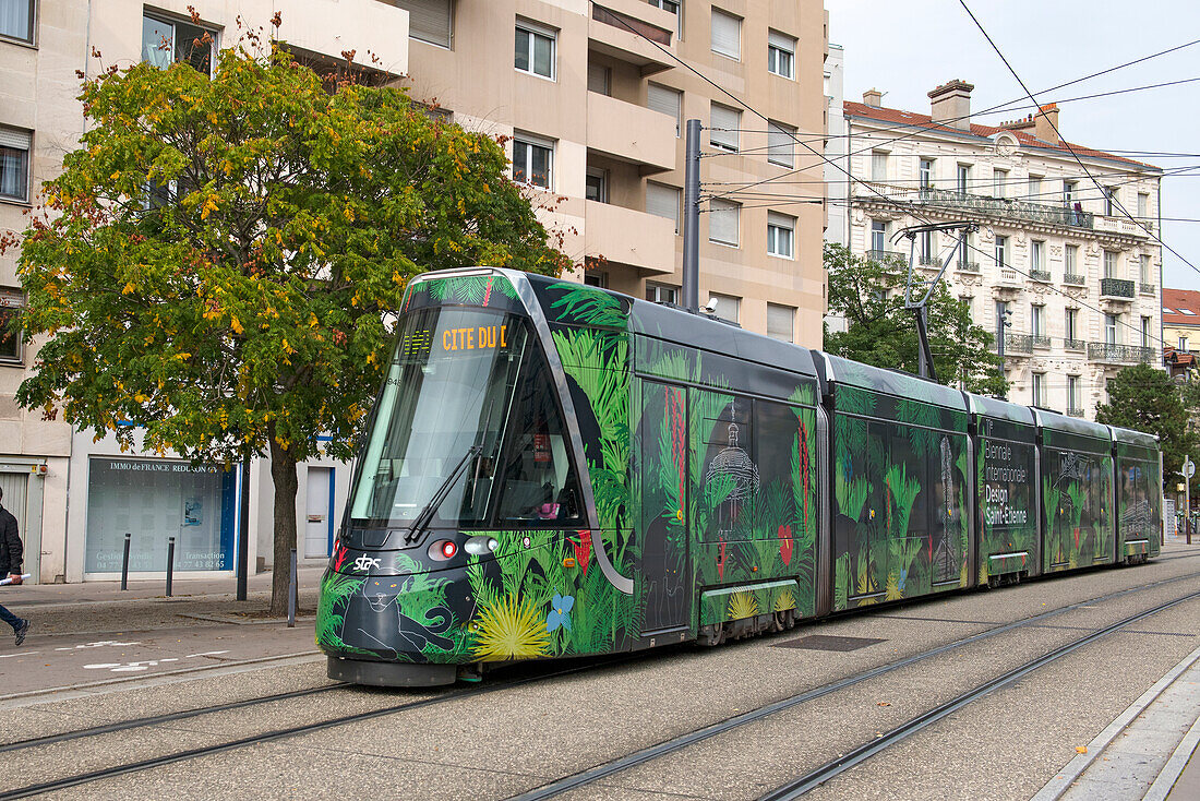 The tramway designed by Deborah-Lois Sery and Cecile Van Der Hagen, students at Esadse and winners of the STAS contest Un tramway named design 2019, Saint-Etienne, Loire department, Auvergne-Rhone-Alpes region, France, Europe