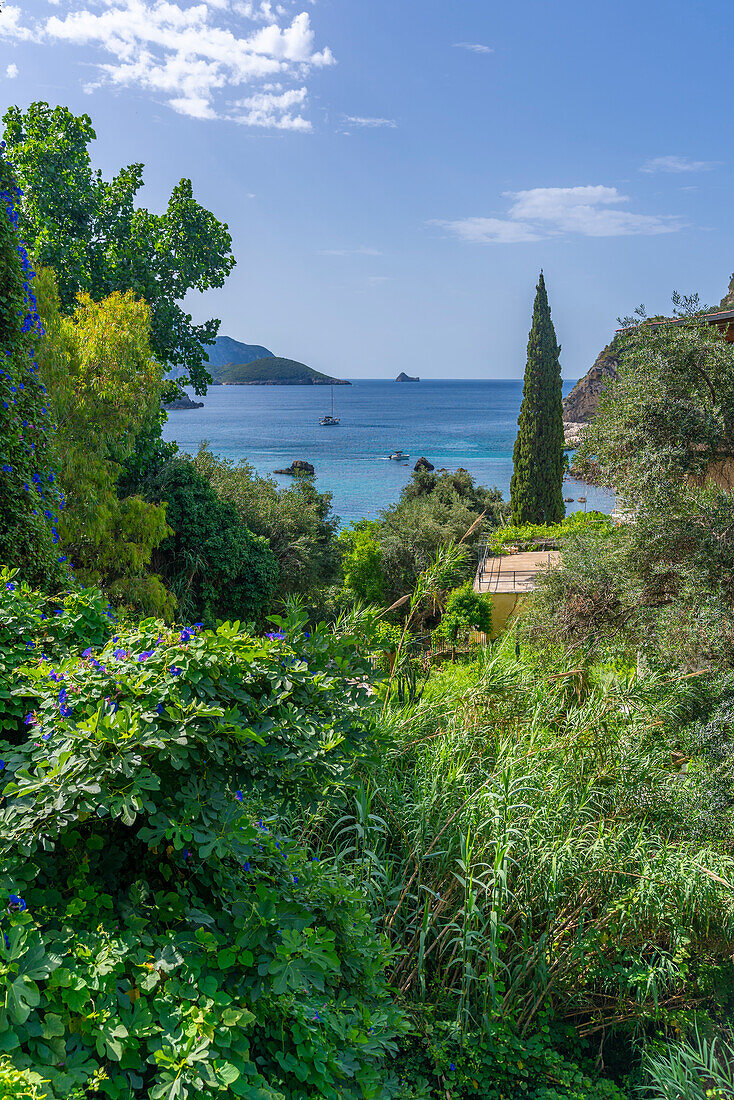 View of coastline and Ionian Sea near Palaiokastritsa, Palaiokastritsa, Corfu, Ionian Sea, Greek Islands, Greece, Europe