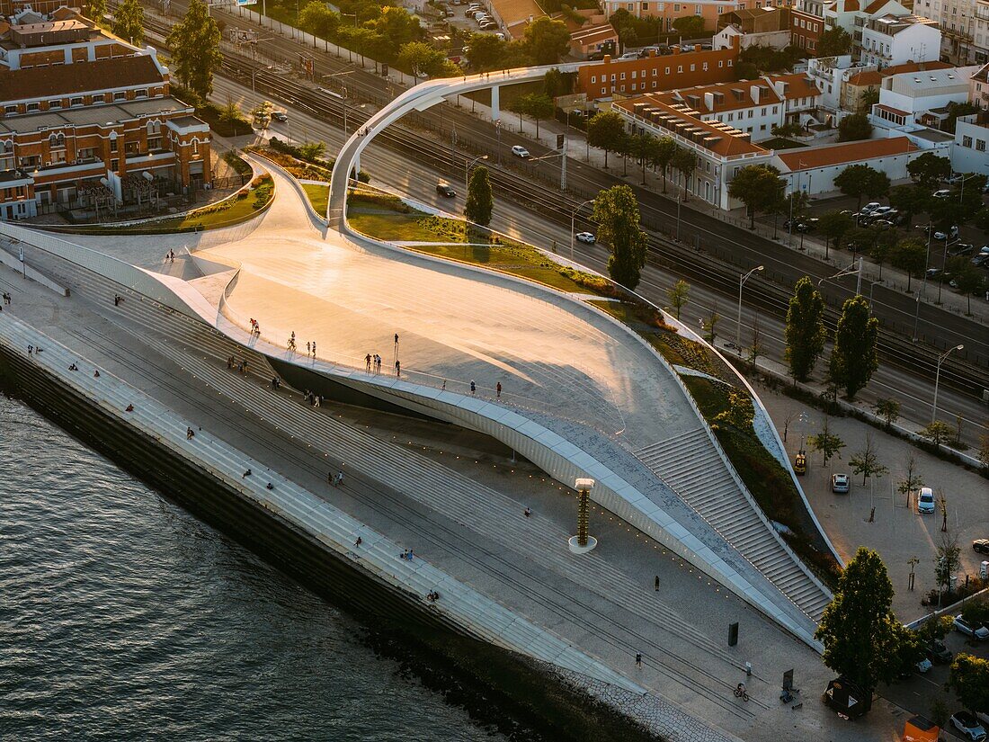 Aerial drone view of the the Museum of Art, Architecture and Technology (MAAT), Lisbon, Portugal, Europe