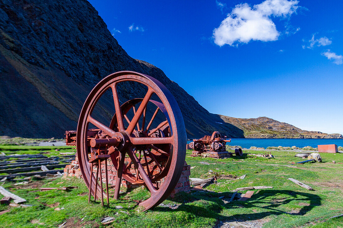 Remnants of the abandoned Norwegian whaling station at Ocean Harbour, South Georgia Island, Polar Regions