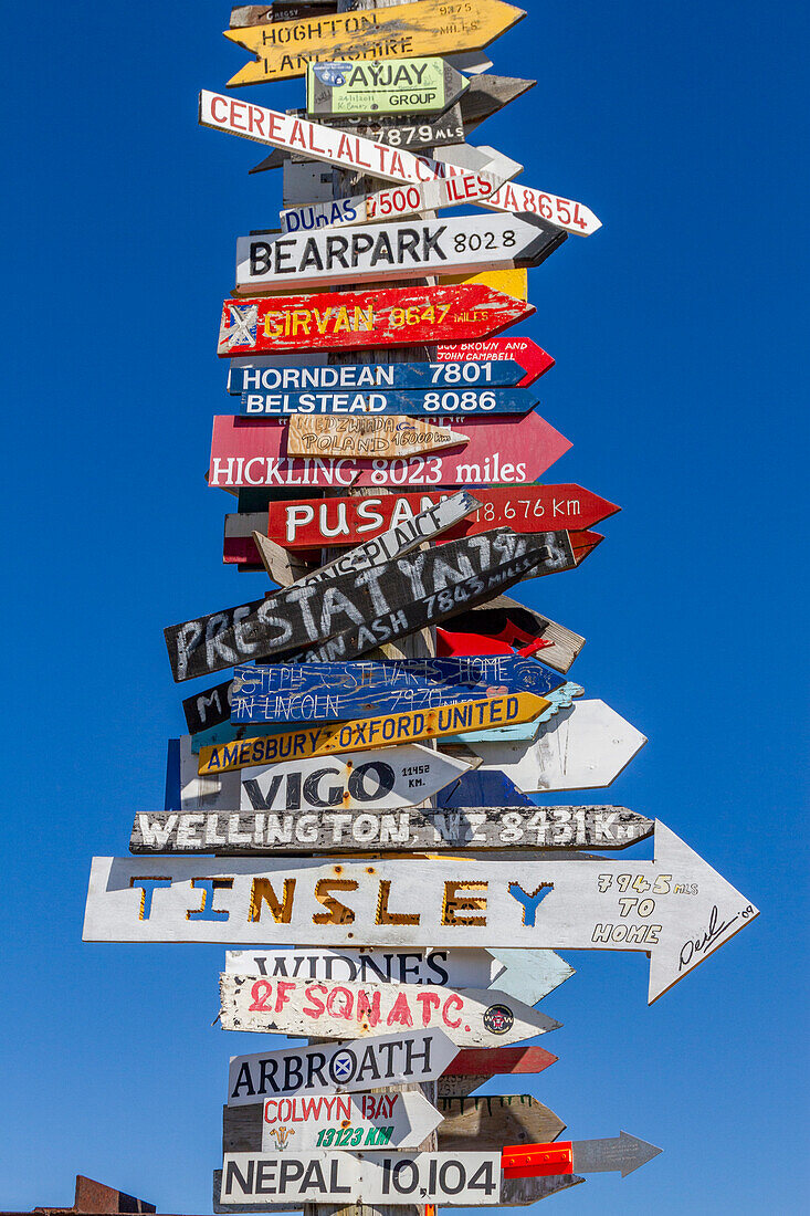 Views of the Signpost just outside of Stanley, the capital and only true city in the Falkland Islands, South Atlantic Ocean, South America