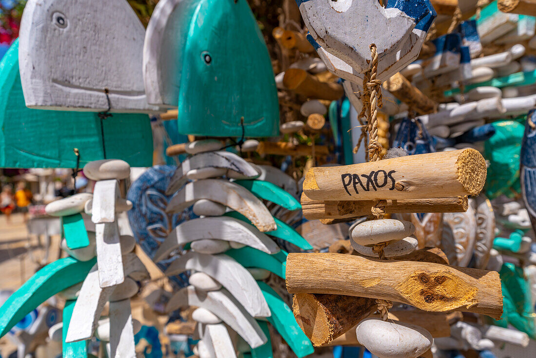 View of souvenirs in Gaios Plaza de l' Ascension in Gaios Town, Paxos, Ionian Sea, Greek Islands, Greece, Europe