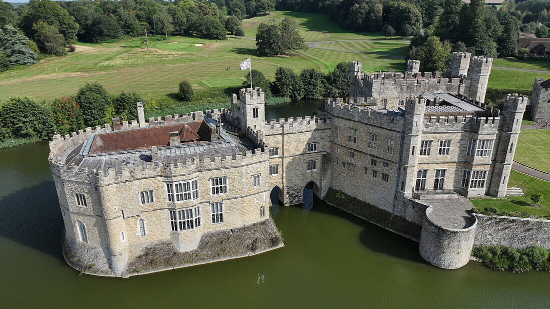 Aerial view of Leeds Castle and moat, southeast of Maidstone, Kent, England, United Kingdom, Europe