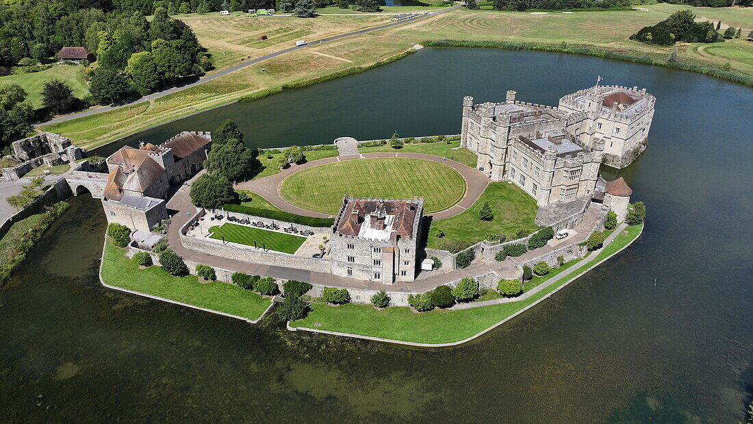 Aerial view of Leeds Castle and moat, southeast of Maidstone, Kent, England, United Kingdom, Europe