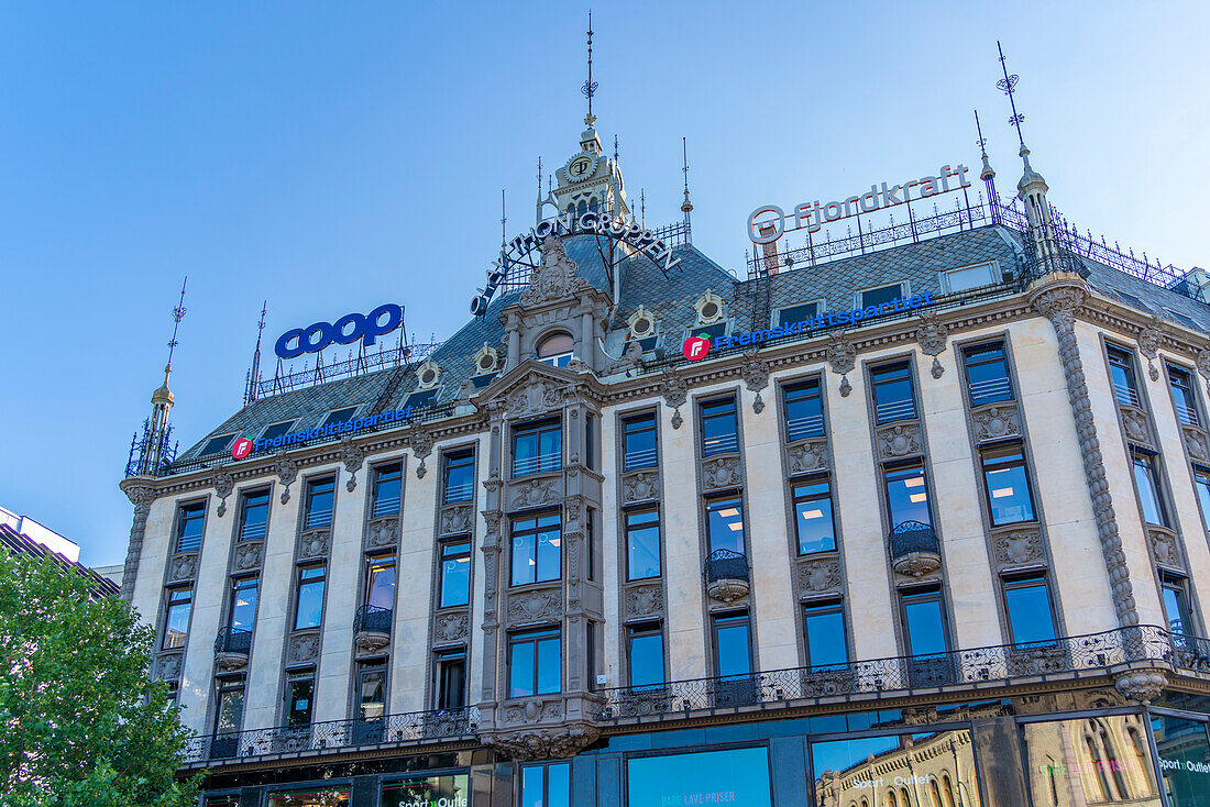 View of neon light and architecture on Karl Johans Gate, Oslo, Norway, Scandinavia, Europe