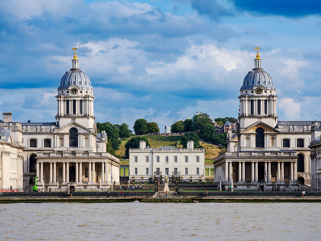 View over River Thames towards The Old Royal Naval College and Greenwich Park,UNESCO World Heritage Site, Greenwich, London, England, United Kingdom, Europe