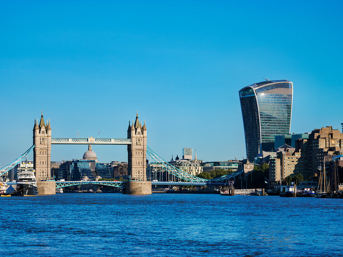 View over River Thames towards Tower Bridge and the Walkie-Talkie Building, London, England, United Kingdom, Europe