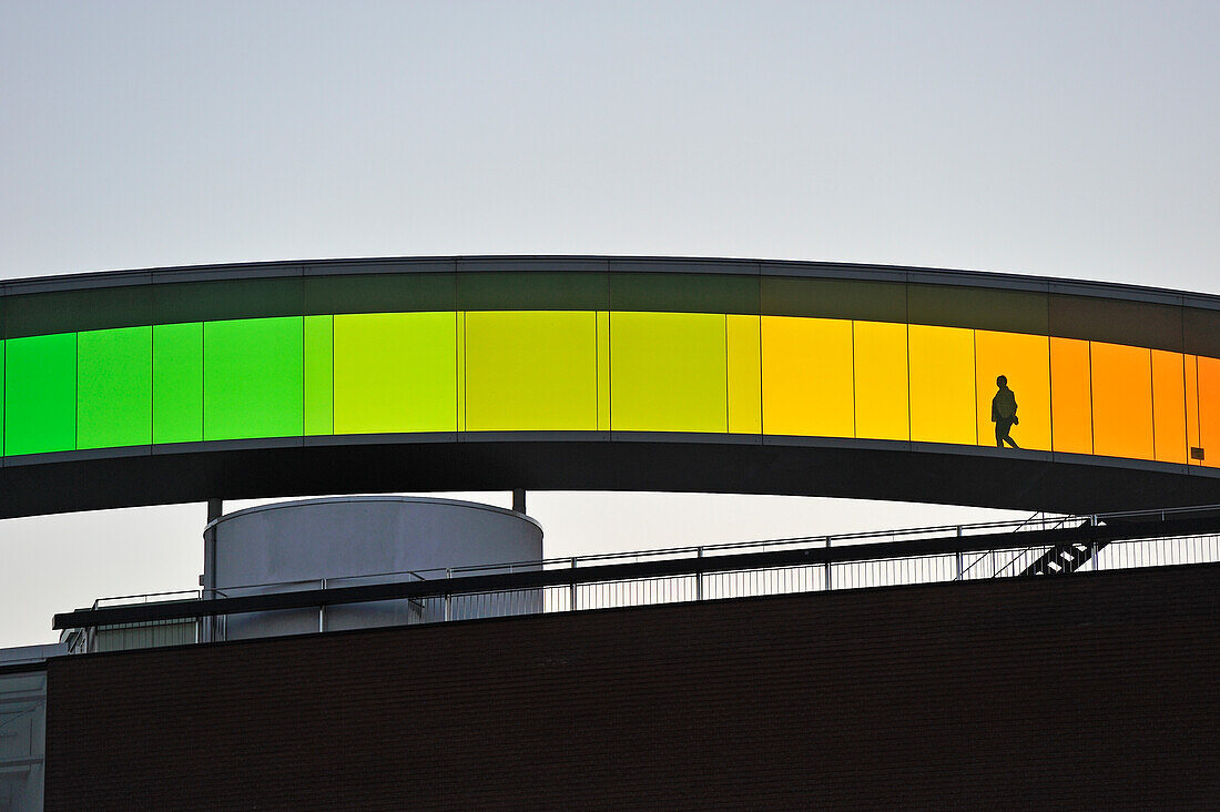 Your Rainbow Panorama, a circular skywalk with windows in the colors of the rainbow, by Olafur Eliasson, Danish-Icelandic artist, on the top of ARoS Aarhus Kunstmuseum, designed by Danish architects Schmidt Hammer Lassen, Aarhus, Jutland, Denmark, Europe