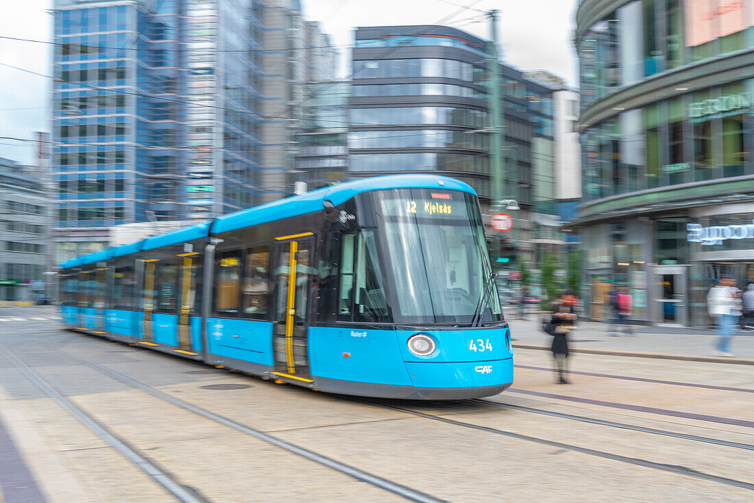 View of moving city tram in Jernbanetorget, Oslo, Norway, Scandinavia, Europe