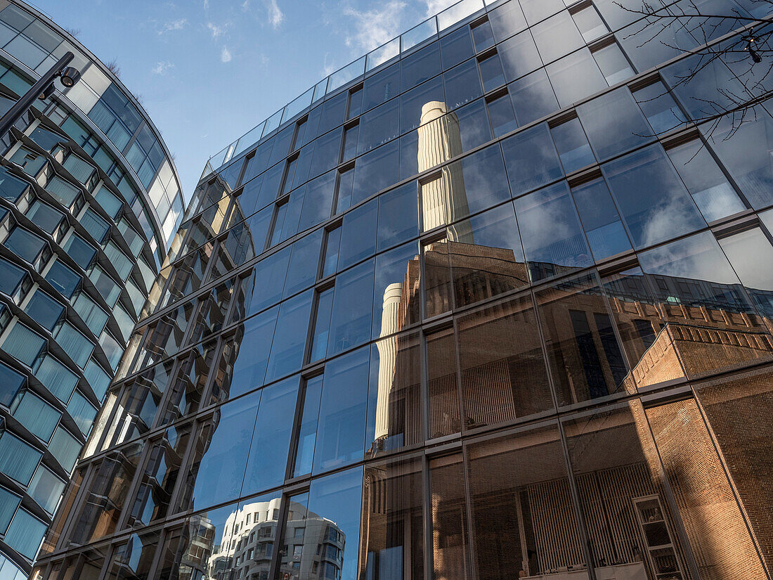 Reflection of Battersea Power Station, Battersea, London, England, United Kingdom, Europe