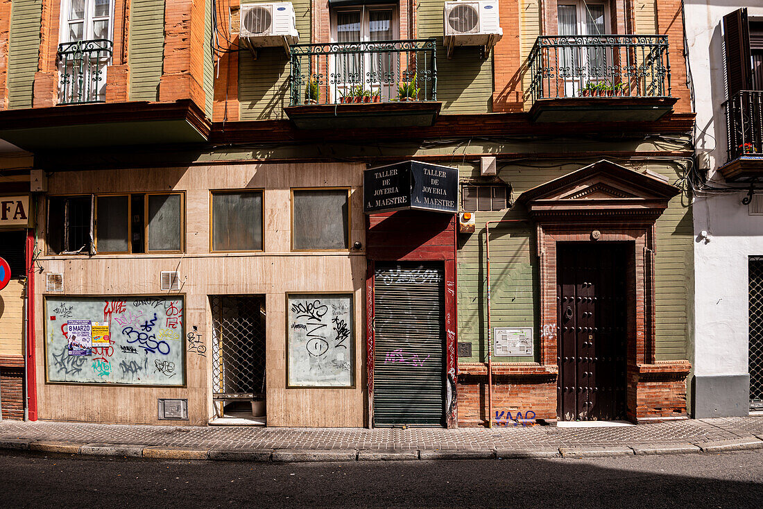 Typical Andalusian facades of residential houses in the streets in the center, Seville, Andalusia, Spain, Europe