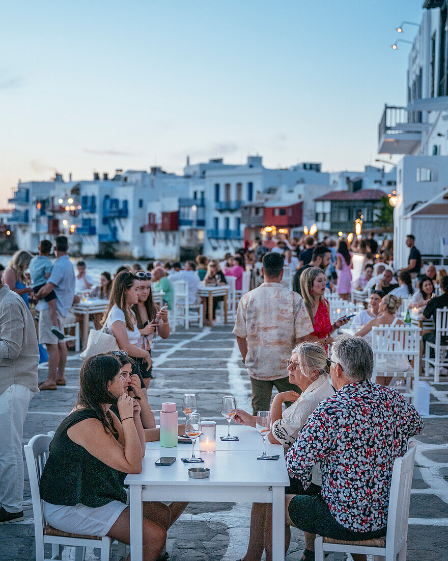 Little Venice at sunset, Chora (Mykonos Town), Mykonos Island, Cyclades, Greek Islands, Greece, Europe