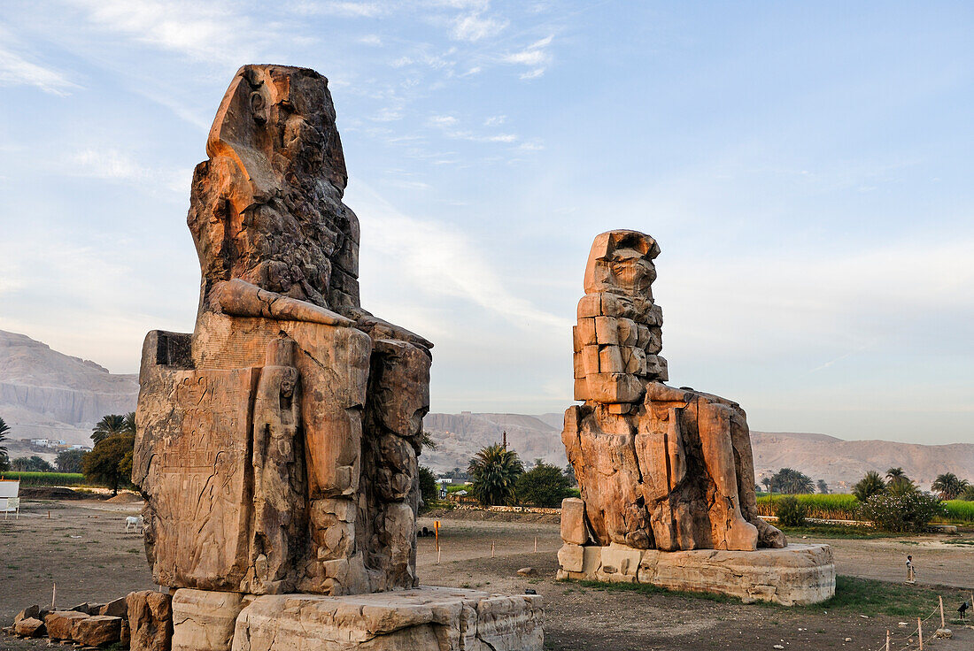 Memnon-Kolosse, massive Steinstatuen des Pharaos Amenhotep III. in der thebanischen Nekropole, UNESCO-Weltkulturerbe, Luxor, Ägypten, Nordafrika, Afrika