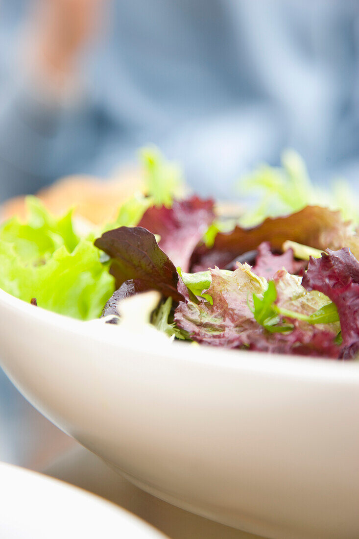 Nahaufnahme einer Schüssel mit gemischtem Blattsalat