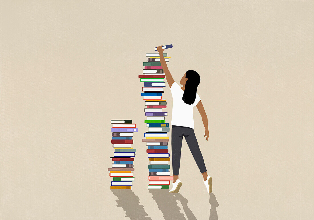 Girl placing book on large stack against beige background