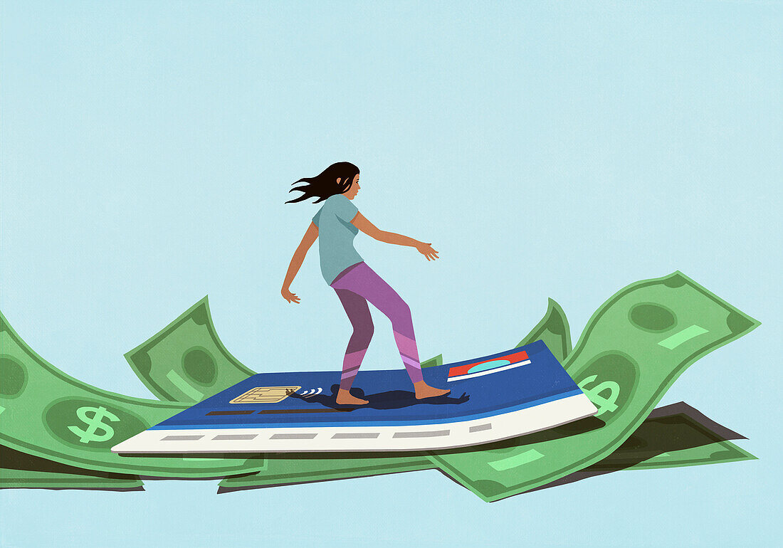 Woman surfing credit card debt on wave of cash