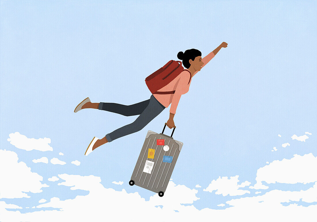 Carefree woman with backpack and suitcase flying in sky