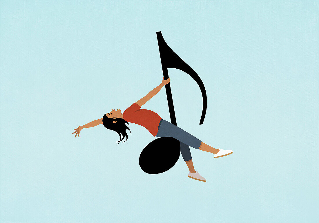 Carefree woman riding musical note against blue background