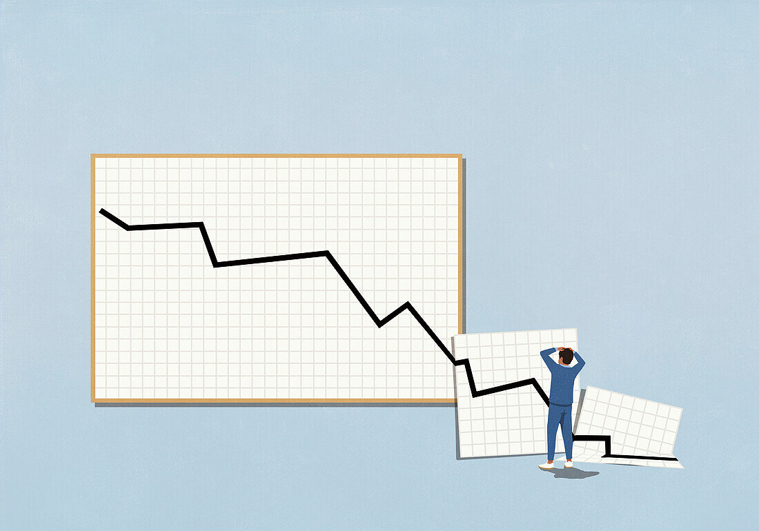 Surprised, disappointed man looking at extended chart with descending line