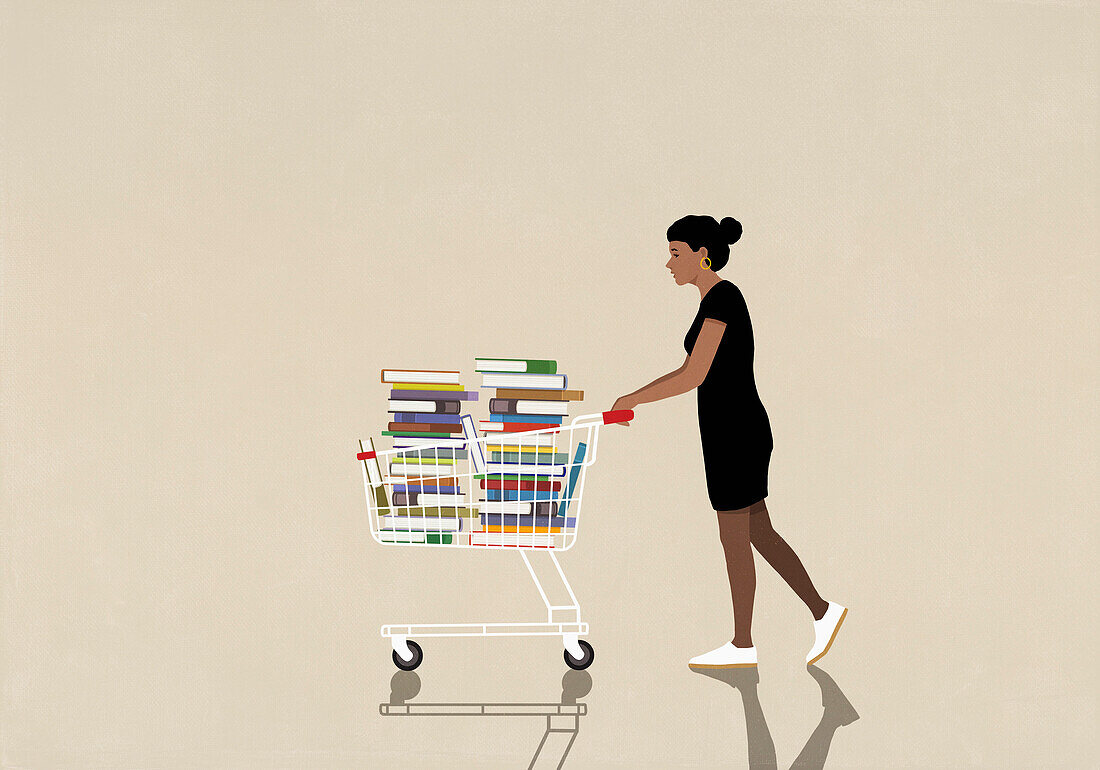 Woman pushing stacks of book in shopping cart