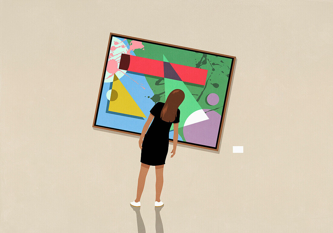 Woman leaning and looking at tilted abstract painting in art museum