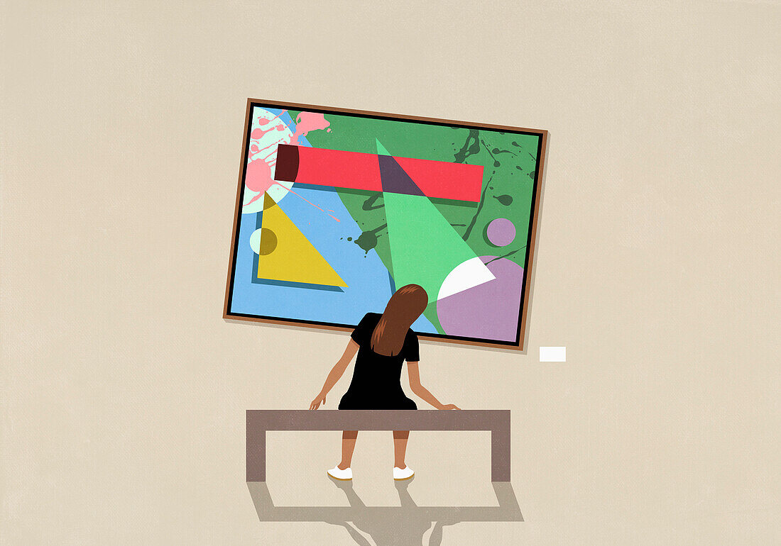 Woman leaning and looking at tilted abstract painting in museum