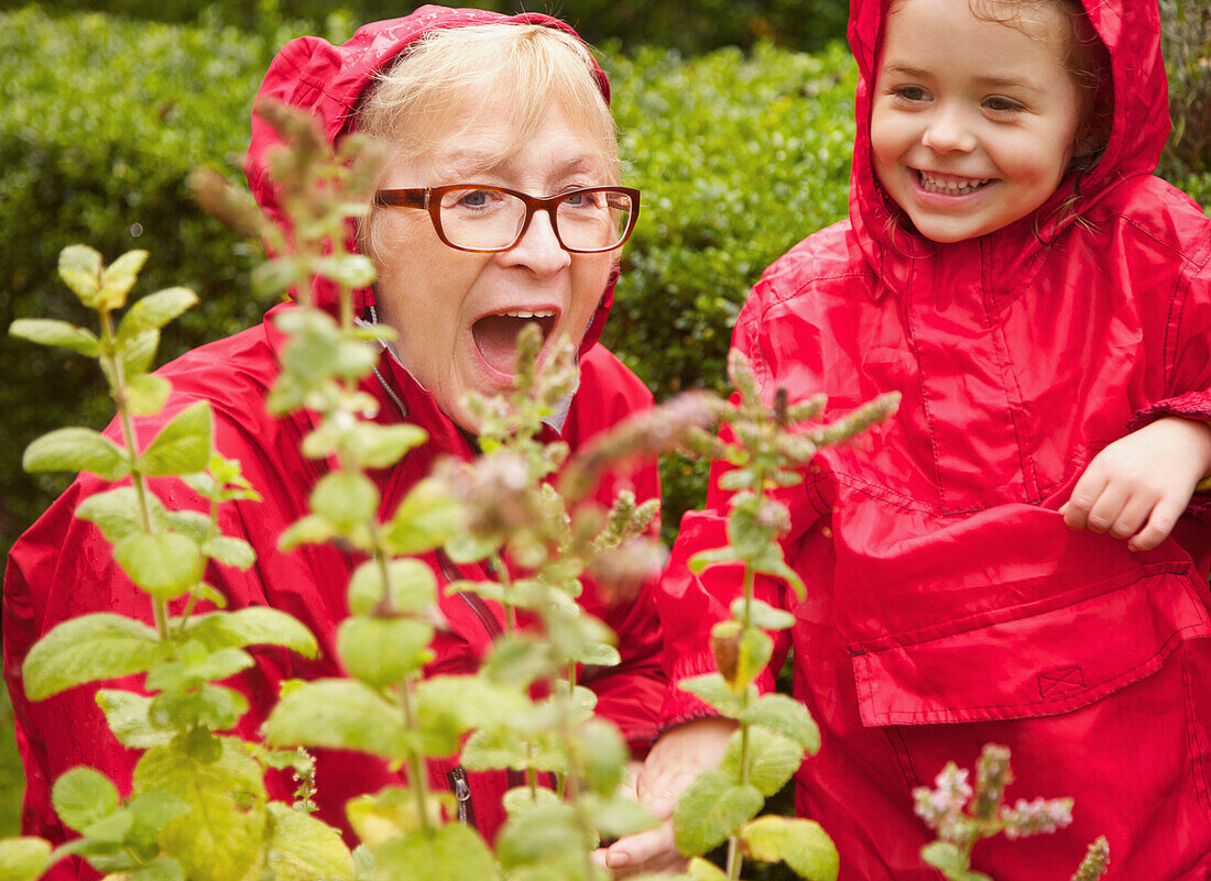 Großmutter spielt mit Enkelin im Garten