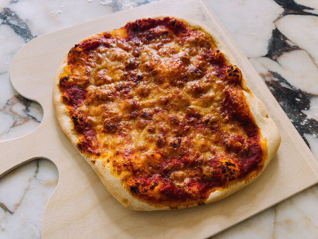 Still life close up baked cheese pizza on pizza peel