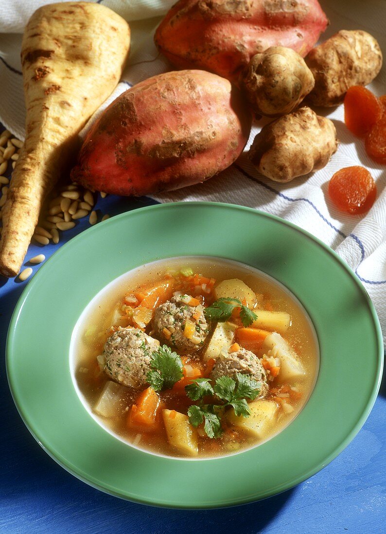 Root vegetable stew with lamb dumplings