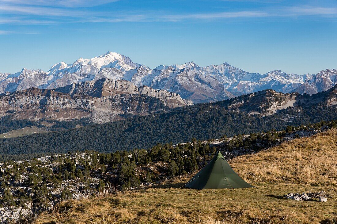 France, Haute Savoie, Bornes massif, Glieres, itinerant trek day 1, bivouac under tent at the top of Parmelan with view towards the Mont Blanc massif