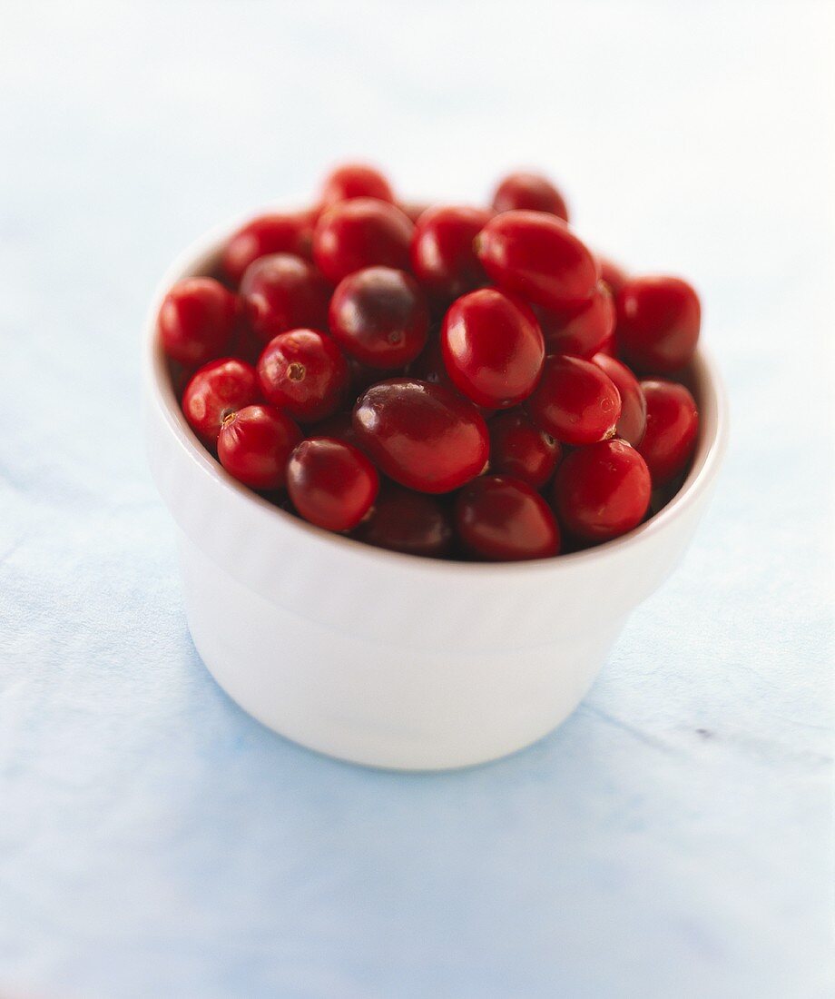 Cranberries in white bowl on pale blue background